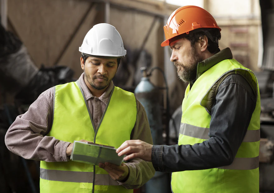 Profissionais com equipamento de proteção no trabalho